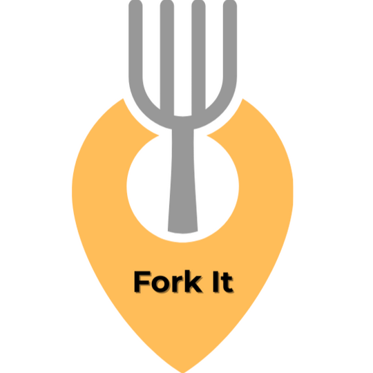 Fork It – Can’t decide? Fork it. Fork It logo showing a gray fork in a yellow map pin — perfect for food decisions on the go.